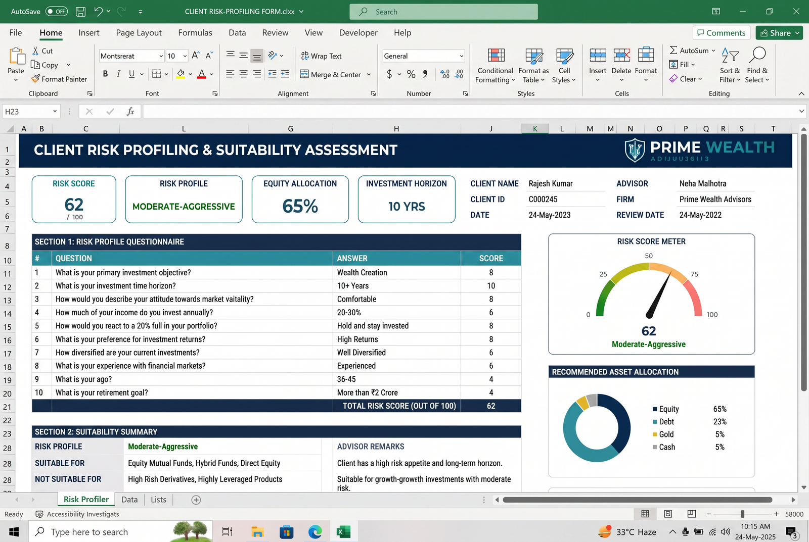 Client Risk Profiling & Suitability Form — Excel dashboard preview for mutual fund distributors